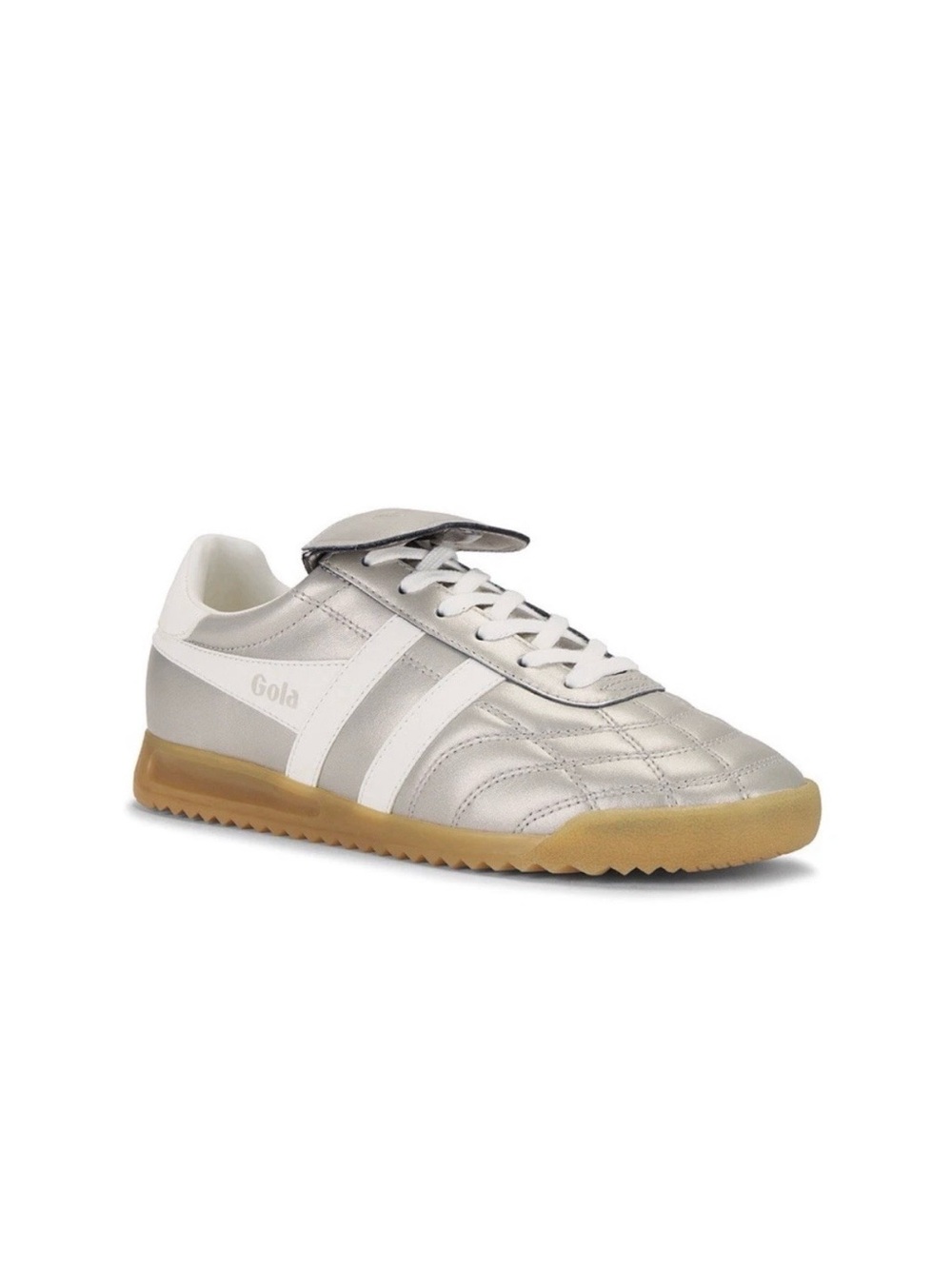 Gola Metallic Silver Trainer with White Stripes and Gum Sole